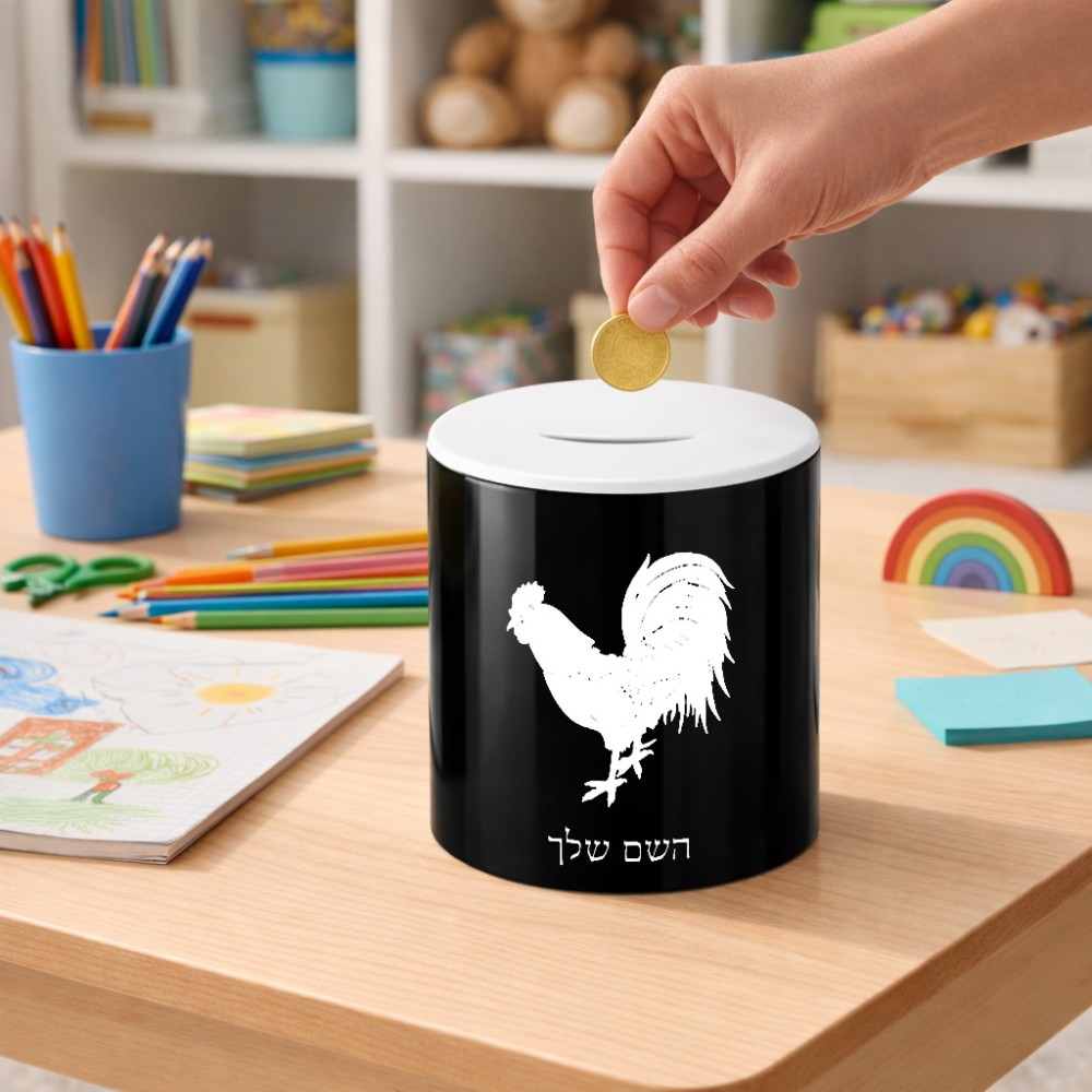 קופת צדקה \ חיסכון קרמית בעיצוב אישי עם השם שלך בעיצוב תרנגול גודל הקופה 20 × 25 ס"מ