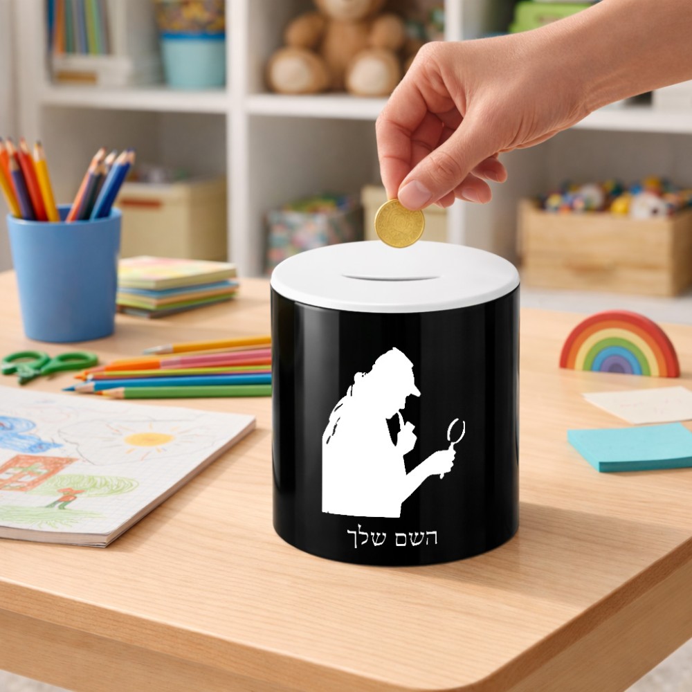 קופת צדקה \ חיסכון קרמית בעיצוב אישי עם השם שלך בעיצוב בתים של שרלוק גודל הקופה 20 × 25 ס"מ
