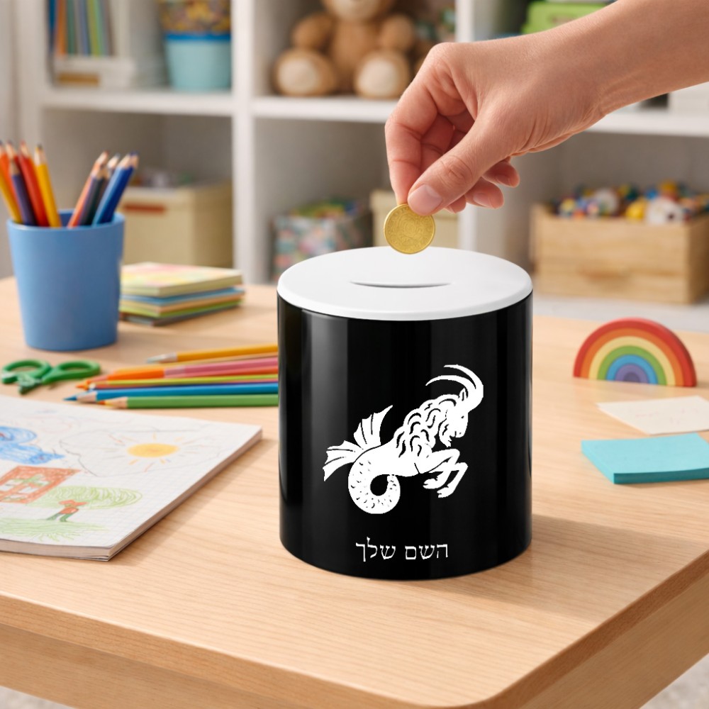 קופת צדקה \ חיסכון קרמית בעיצוב אישי עם השם שלך בעיצוב מזלות - גדי גודל הקופה 20 × 25 ס"מ