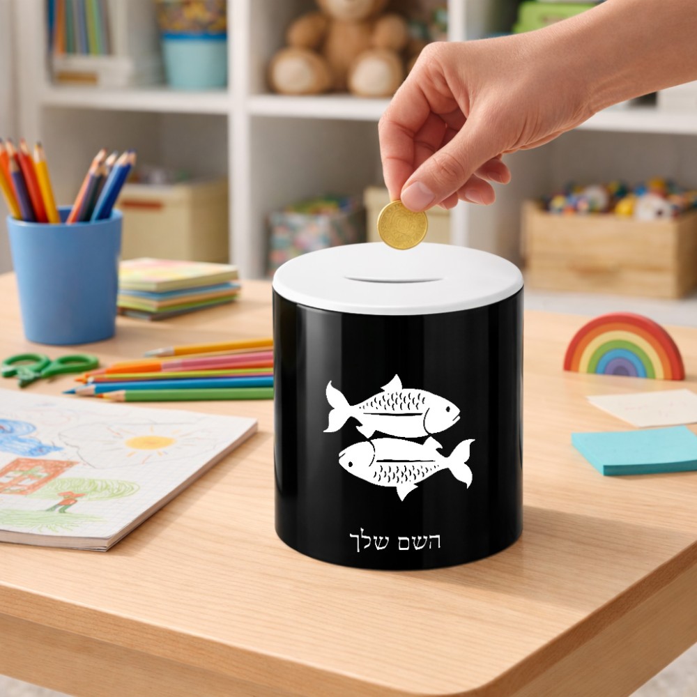 קופת צדקה \ חיסכון קרמית בעיצוב אישי עם השם שלך בעיצוב מזלות - דגים גודל הקופה 20 × 25 ס"מ
