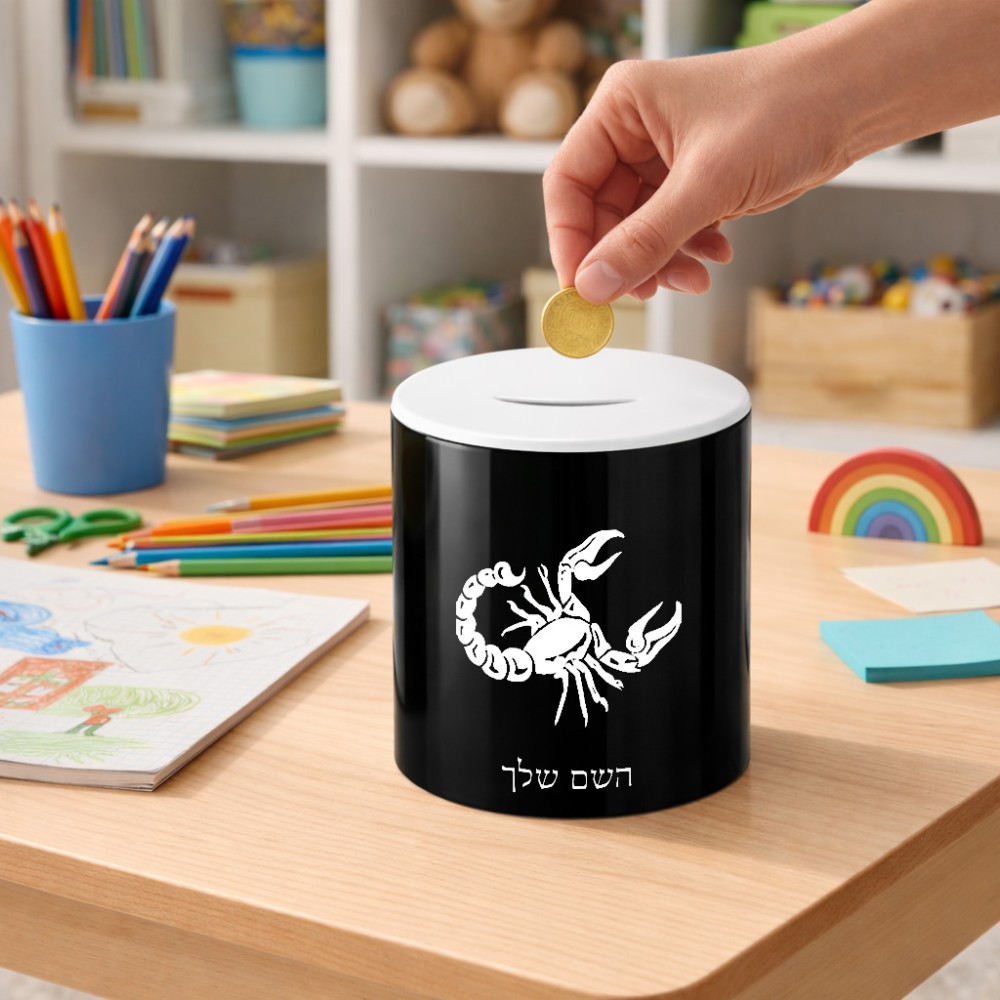 קופת צדקה \ חיסכון קרמית בעיצוב אישי עם השם שלך בעיצוב מזלות - עקרב גודל הקופה 20 × 25 ס"מ