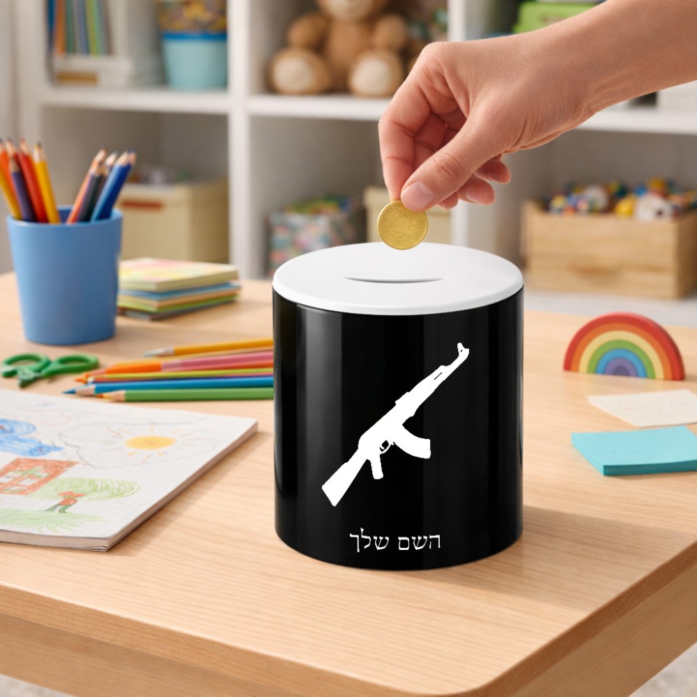 קופת צדקה \ חיסכון קרמית בעיצוב אישי עם השם שלך בעיצוב אק 47 גודל הקופה 20 × 25 ס"מ