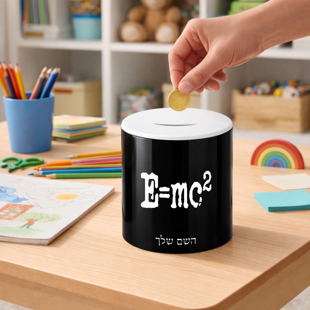 קופת צדקה \ חיסכון קרמית בעיצוב אישי עם השם שלך בעיצוב נוסחת אלברט איינשטיין גודל הקופה 20 × 25 ס"מ