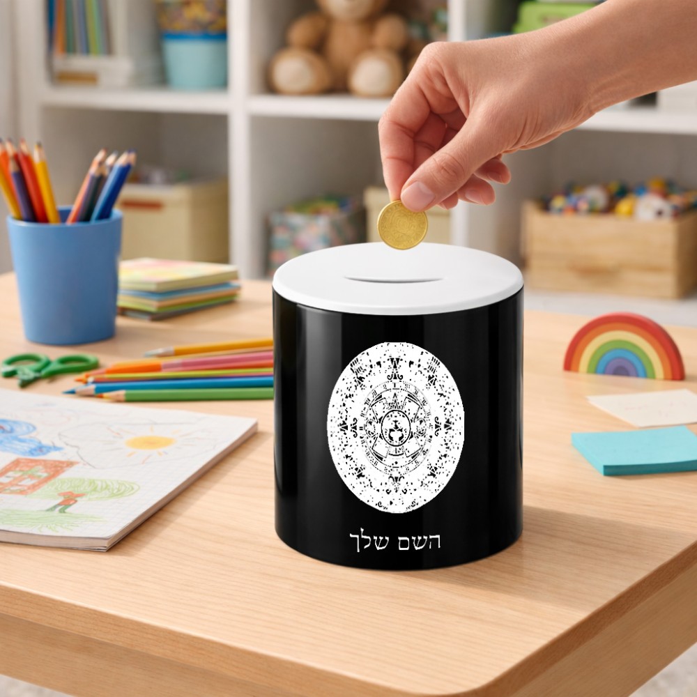 קופת צדקה \ חיסכון קרמית בעיצוב אישי עם השם שלך בעיצוב לוח שנה אצטקי של המאיה גודל הקופה 20 × 25 ס"מ