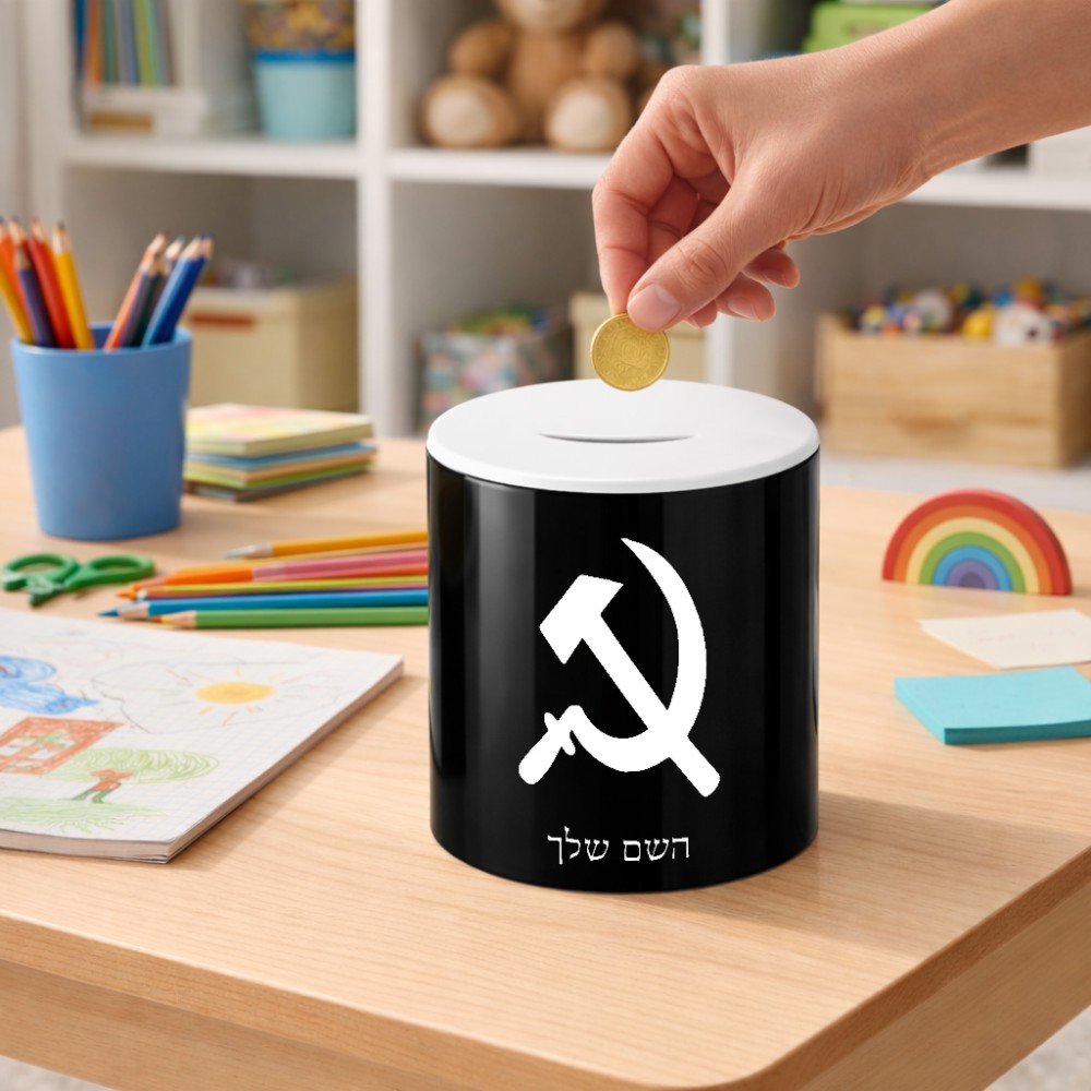 קופת צדקה \ חיסכון קרמית בעיצוב אישי עם השם שלך בעיצוב פטיש ומגל גודל הקופה 20 × 25 ס"מ