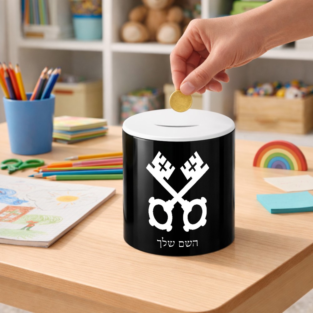 קופת צדקה \ חיסכון קרמית בעיצוב אישי עם השם שלך בעיצוב מפתחות גודל הקופה 20 × 25 ס"מ