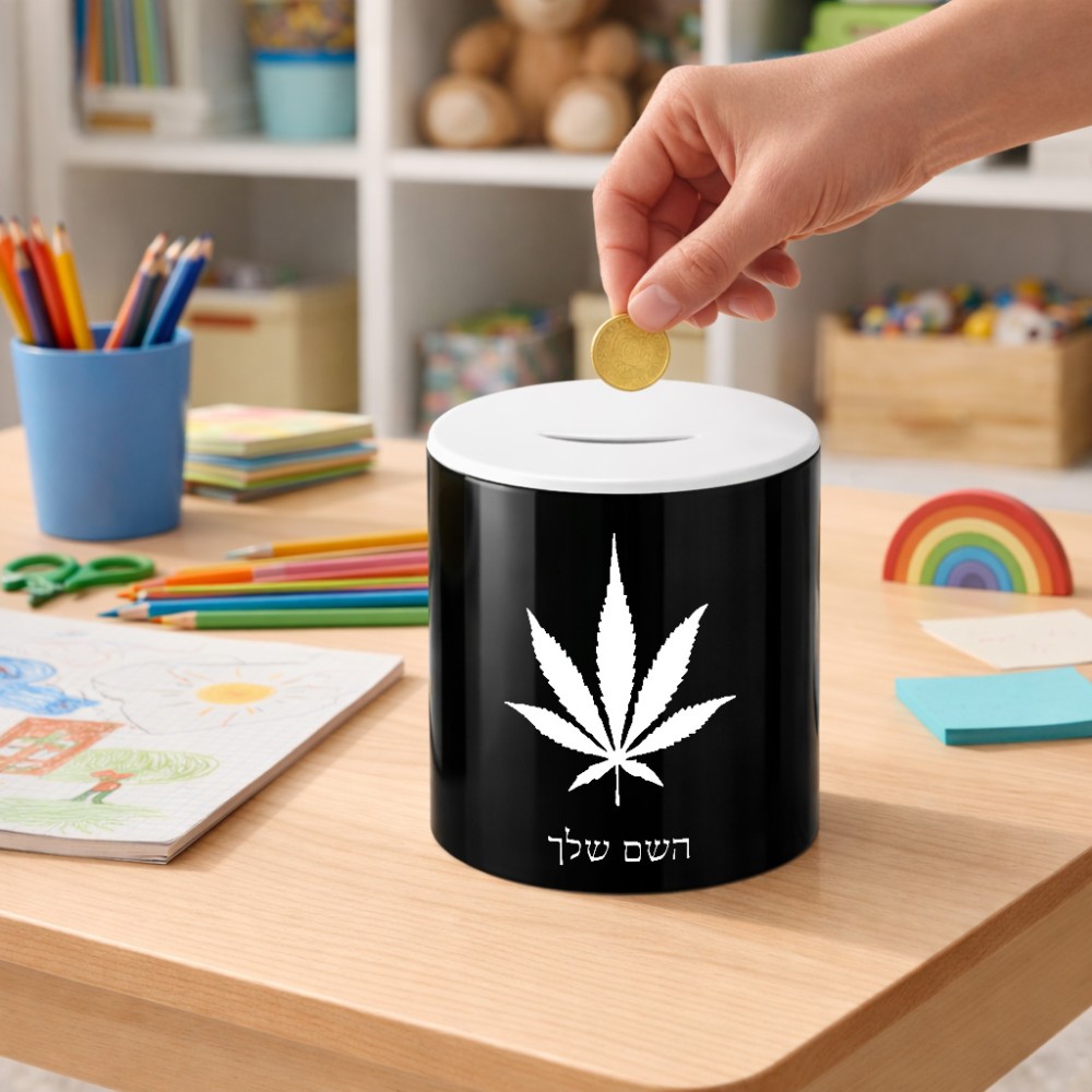 קופת צדקה \ חיסכון קרמית בעיצוב אישי עם השם שלך בעיצוב עלה מריחואנה - גראס גודל הקופה 20 × 25 ס"מ