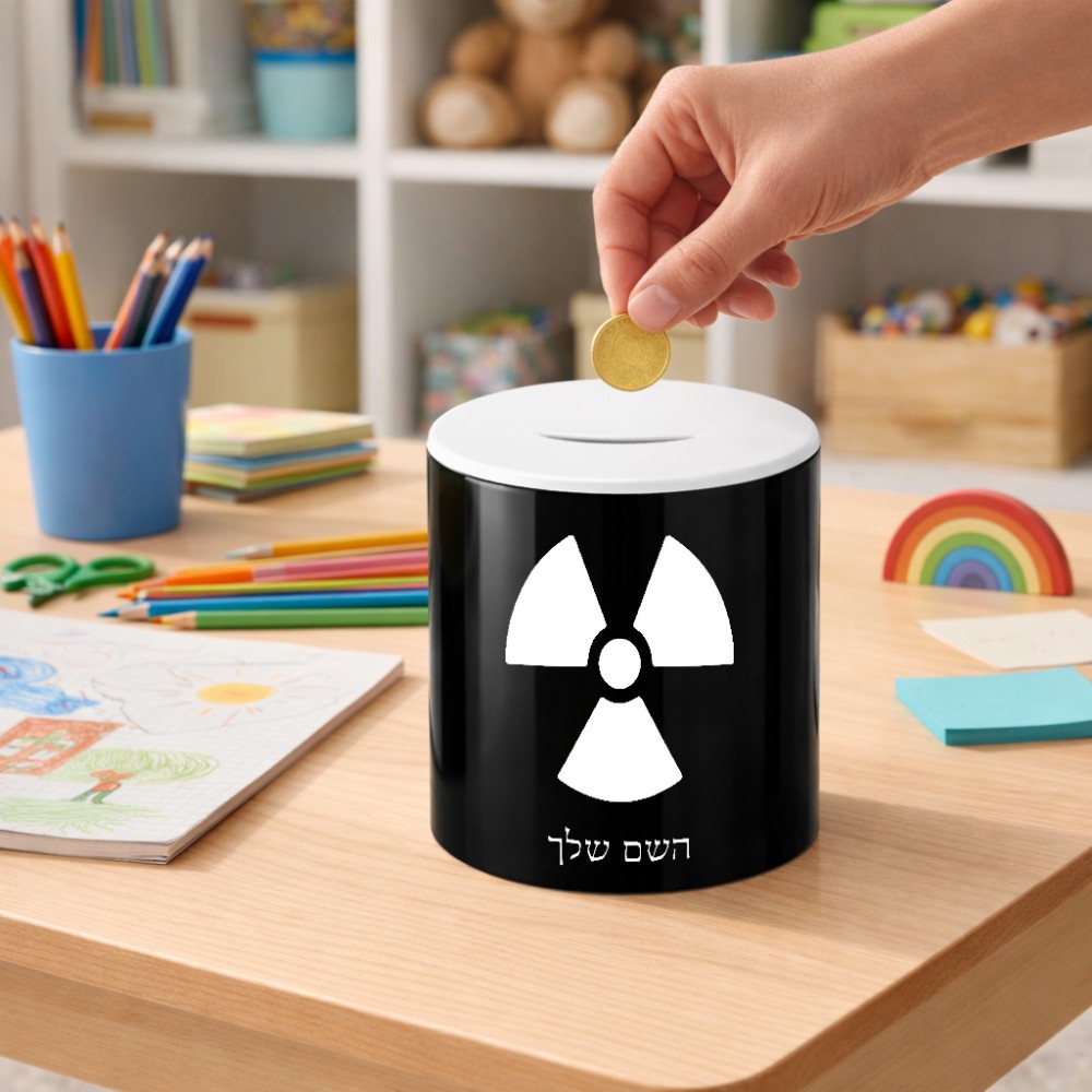 קופת צדקה \ חיסכון קרמית בעיצוב אישי עם השם שלך בעיצוב פצצת אטום גרעינית גודל הקופה 20 × 25 ס"מ