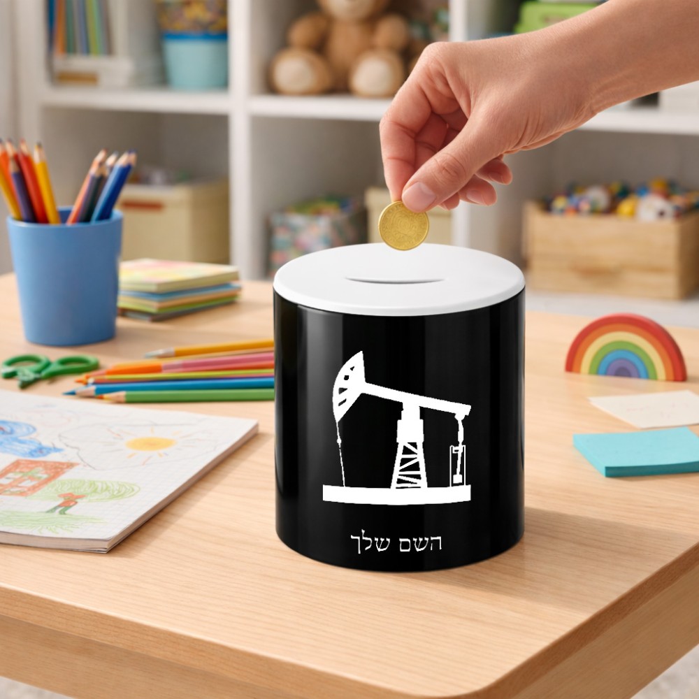 קופת צדקה \ חיסכון קרמית בעיצוב אישי עם השם שלך בעיצוב באר נפט גודל הקופה 20 × 25 ס"מ