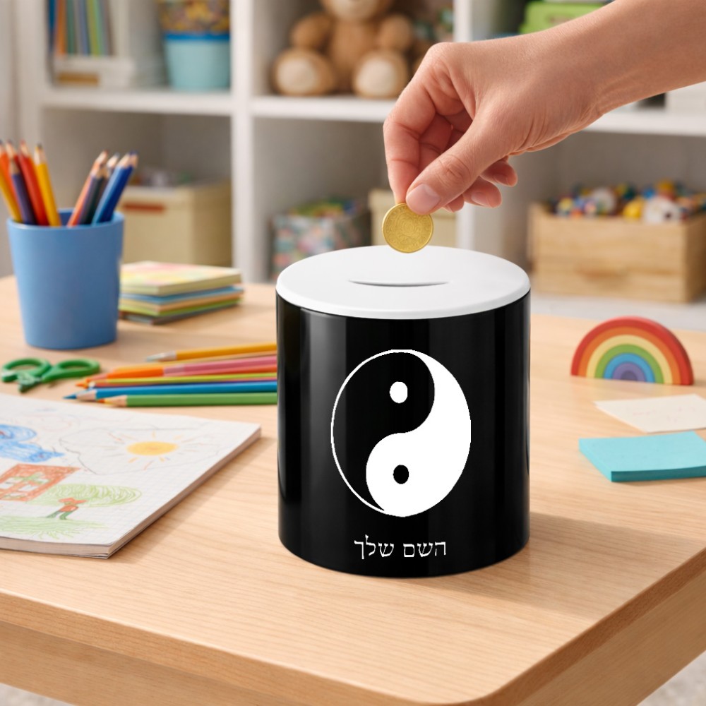 קופת צדקה \ חיסכון קרמית בעיצוב אישי עם השם שלך בעיצוב סמל יינג יאנג גודל הקופה 20 × 25 ס"מ
