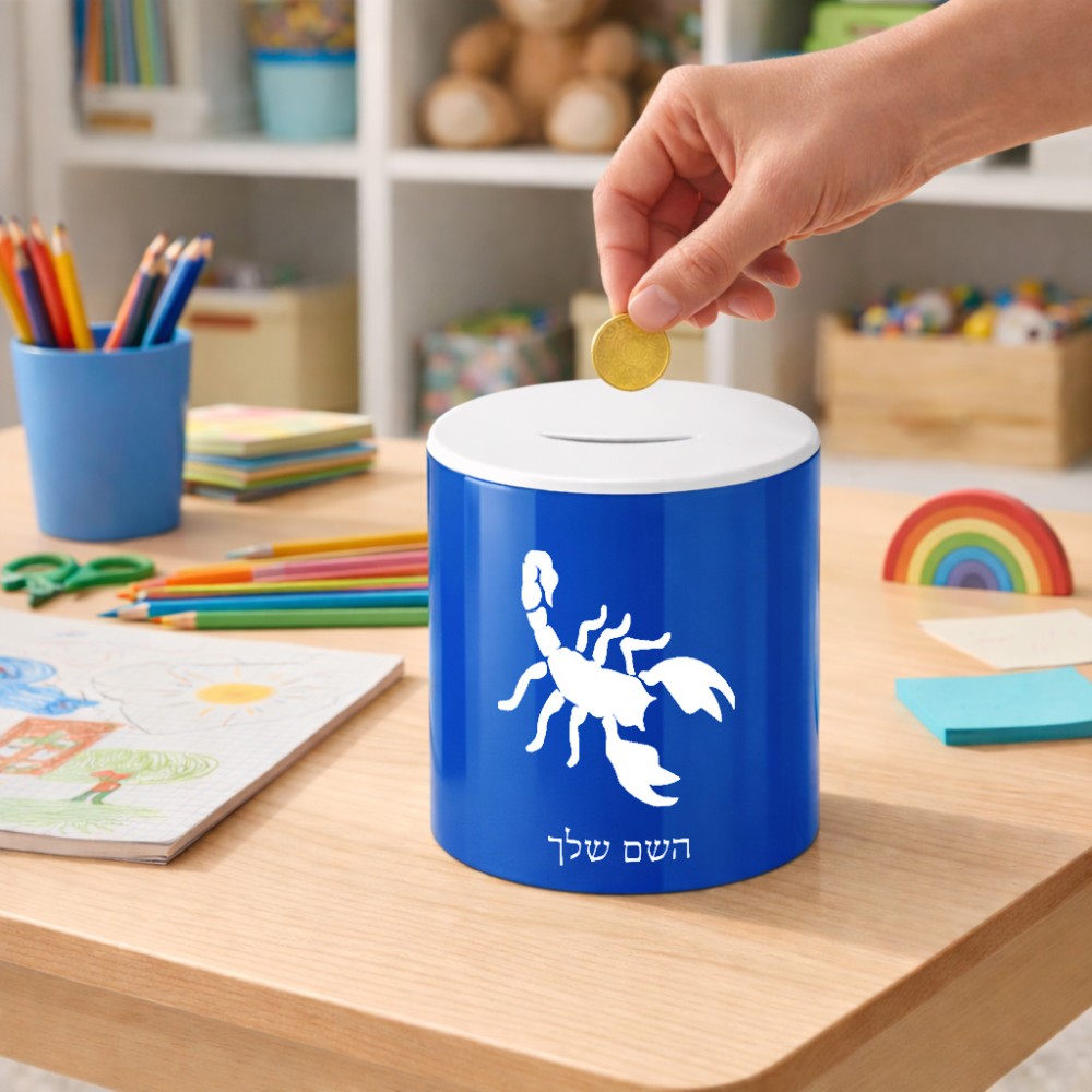 קופת צדקה \ חיסכון קרמית בעיצוב אישי עם השם שלך בעיצוב עקרב גודל הקופה 20 × 25 ס"מ