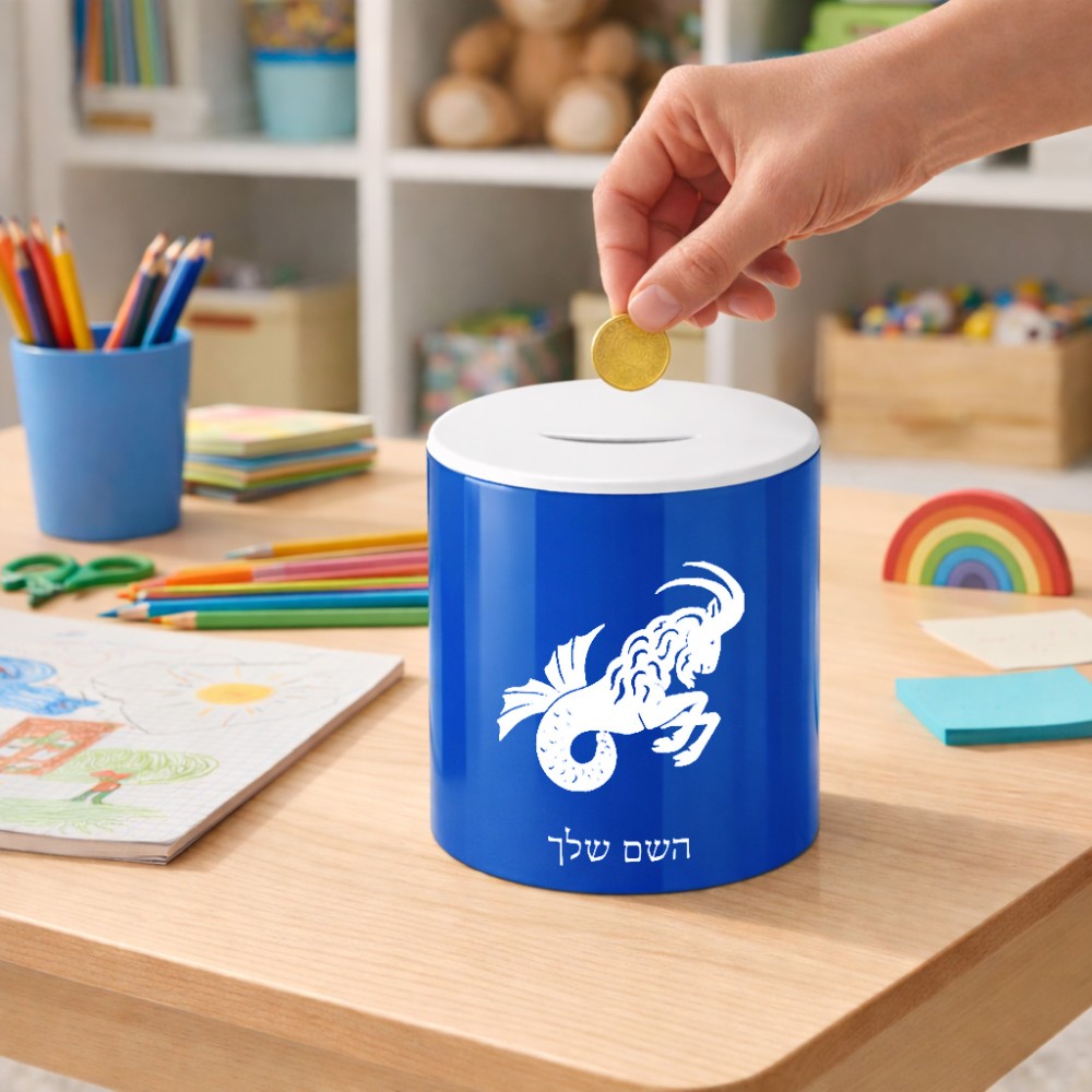 קופת צדקה \ חיסכון קרמית בעיצוב אישי עם השם שלך בעיצוב מזלות - גדי גודל הקופה 20 × 25 ס"מ