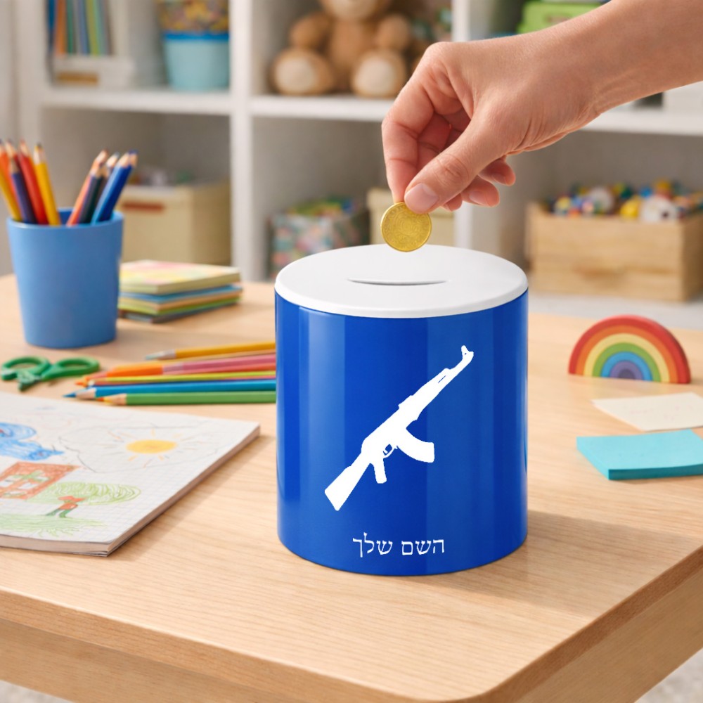 קופת צדקה \ חיסכון קרמית בעיצוב אישי עם השם שלך בעיצוב אק 47 גודל הקופה 20 × 25 ס"מ