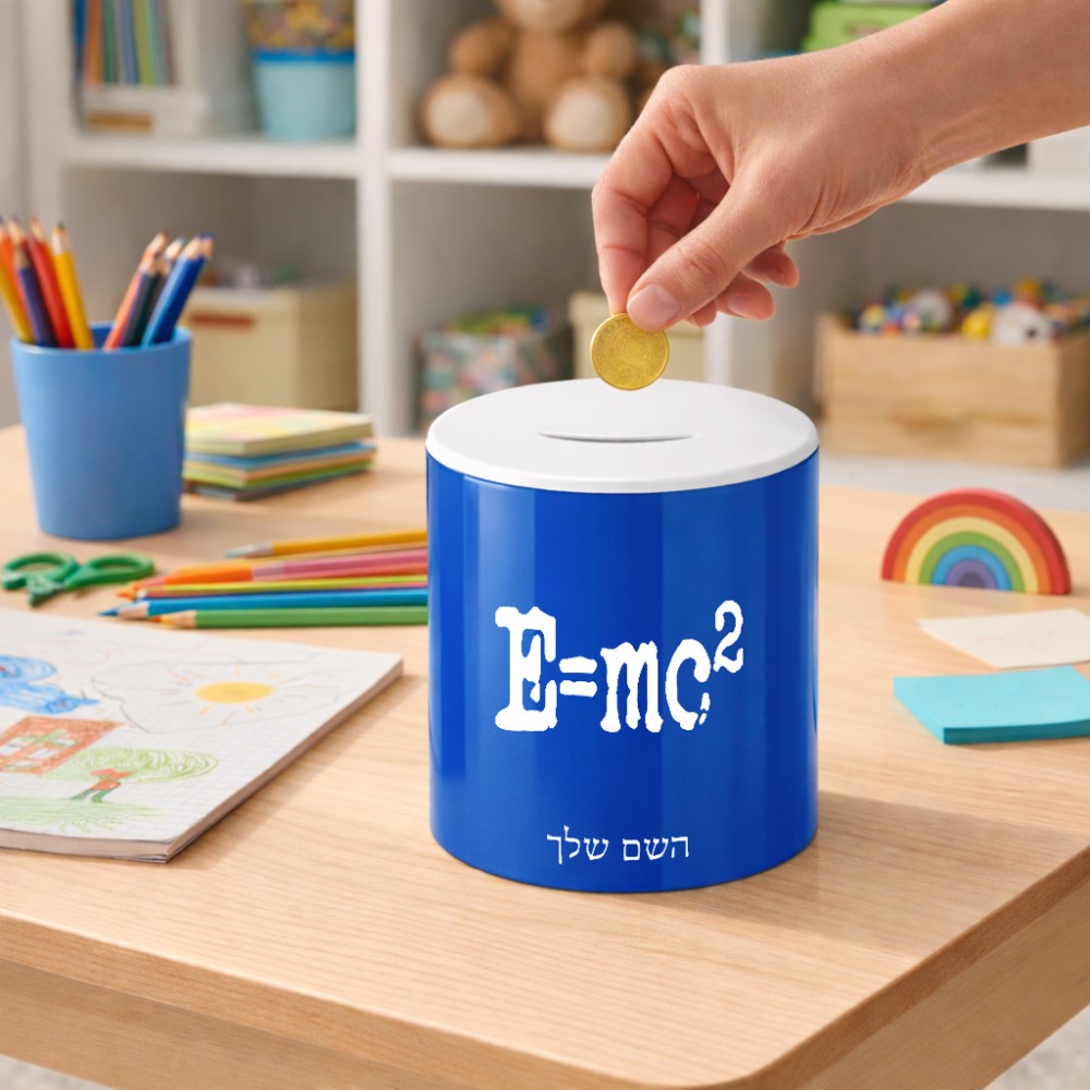 קופת צדקה \ חיסכון קרמית בעיצוב אישי עם השם שלך בעיצוב נוסחת אלברט איינשטיין גודל הקופה 20 × 25 ס"מ