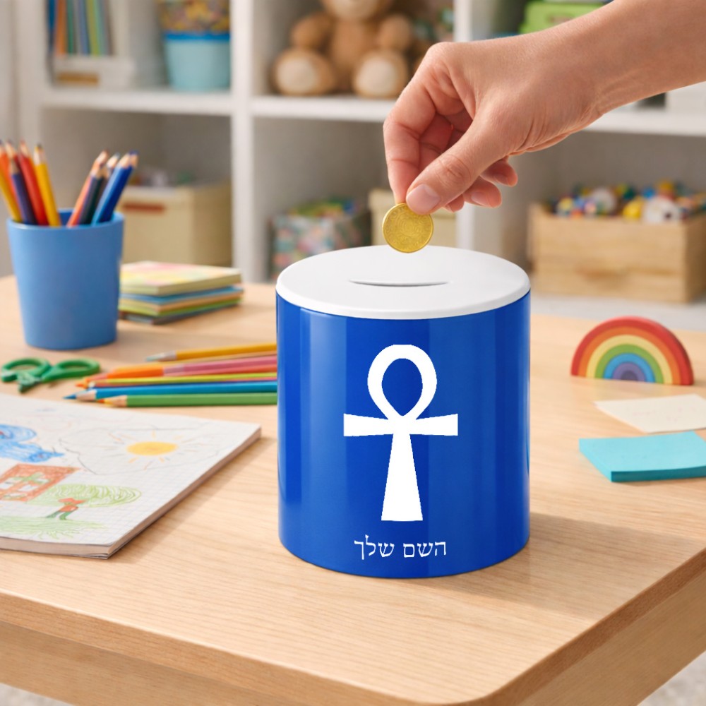 קופת צדקה \ חיסכון קרמית בעיצוב אישי עם השם שלך בעיצוב אנק - מפתח החיים המצרי גודל הקופה 20 × 25 ס"מ
