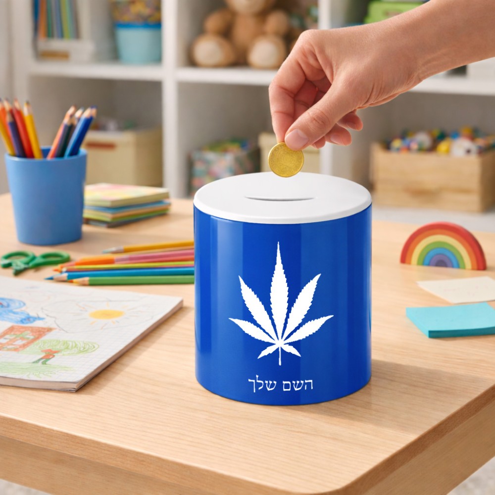 קופת צדקה \ חיסכון קרמית בעיצוב אישי עם השם שלך בעיצוב עלה מריחואנה - גראס גודל הקופה 20 × 25 ס"מ