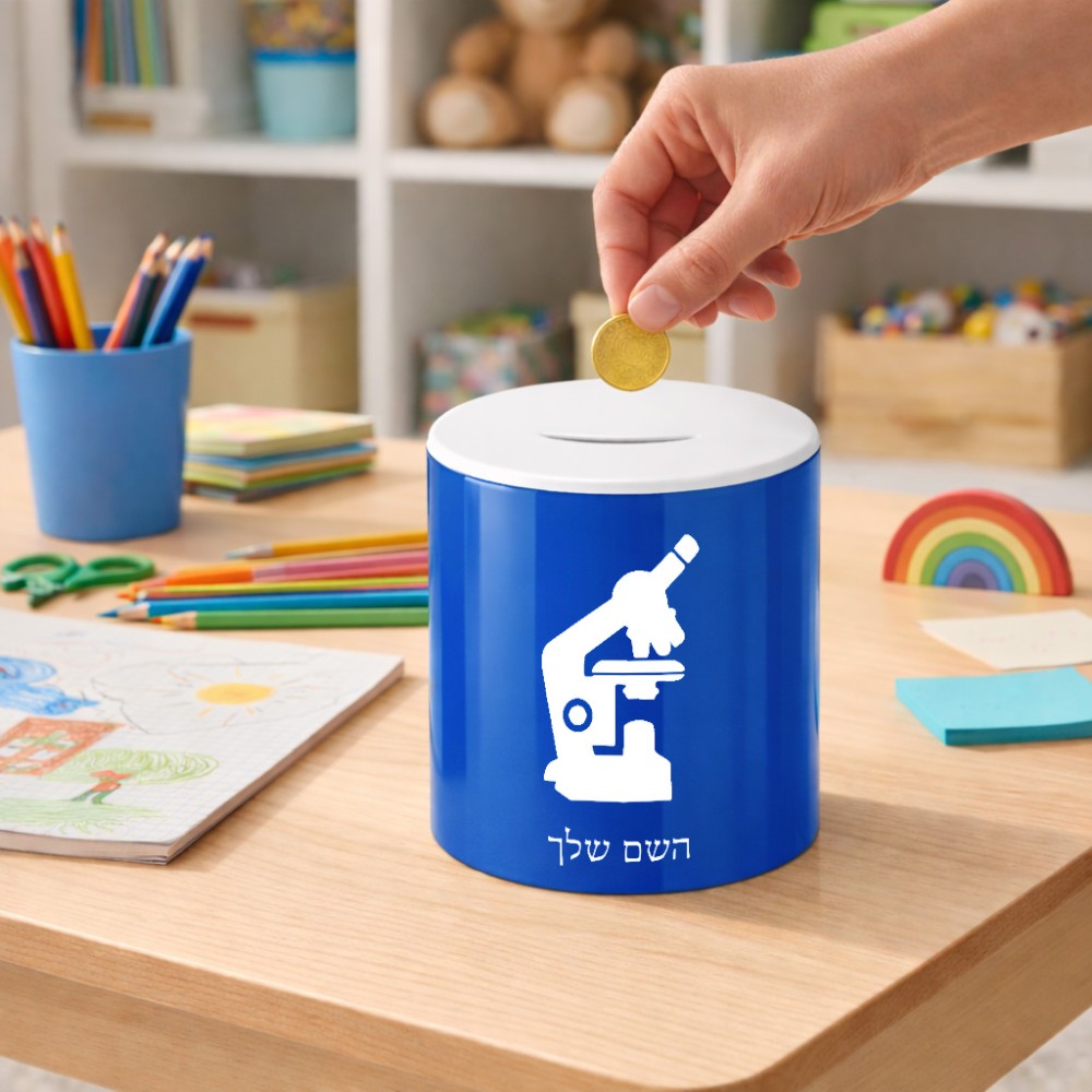 קופת צדקה \ חיסכון קרמית בעיצוב אישי עם השם שלך בעיצוב מיקרוסקופ גודל הקופה 20 × 25 ס"מ