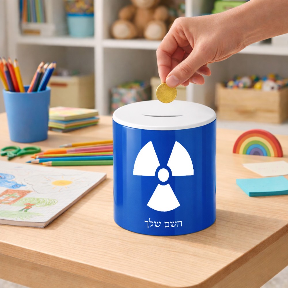קופת צדקה \ חיסכון קרמית בעיצוב אישי עם השם שלך בעיצוב פצצת אטום גרעינית גודל הקופה 20 × 25 ס"מ