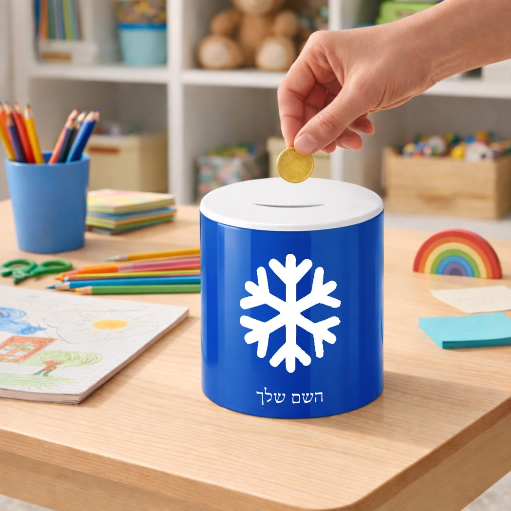 קופת צדקה \ חיסכון קרמית בעיצוב אישי עם השם שלך בעיצוב שלג גודל הקופה 20 × 25 ס"מ