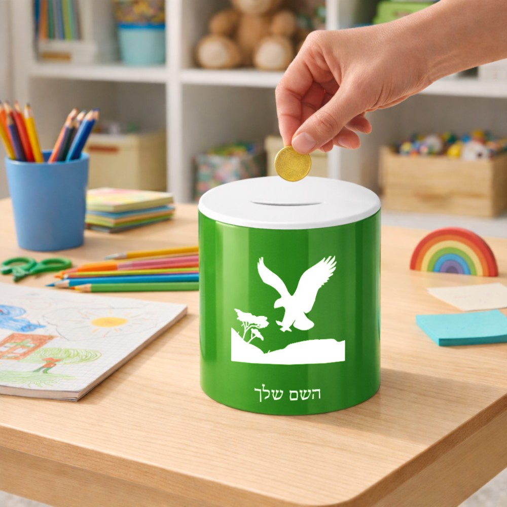 קופת צדקה \ חיסכון קרמית בעיצוב אישי עם השם שלך בעיצוב נשר אמריקאי גודל הקופה 20 × 25 ס"מ