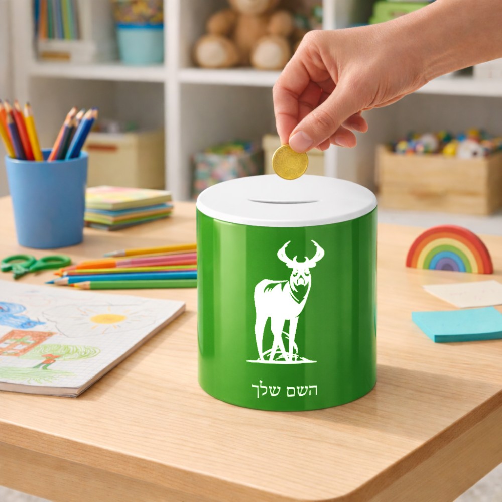 קופת צדקה \ חיסכון קרמית בעיצוב אישי עם השם שלך בעיצוב צבי גודל הקופה 20 × 25 ס"מ