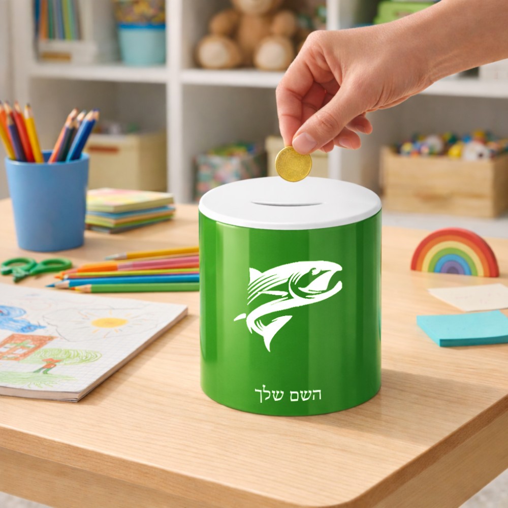 קופת צדקה \ חיסכון קרמית בעיצוב אישי עם השם שלך בעיצוב לדוג גודל הקופה 20 × 25 ס"מ