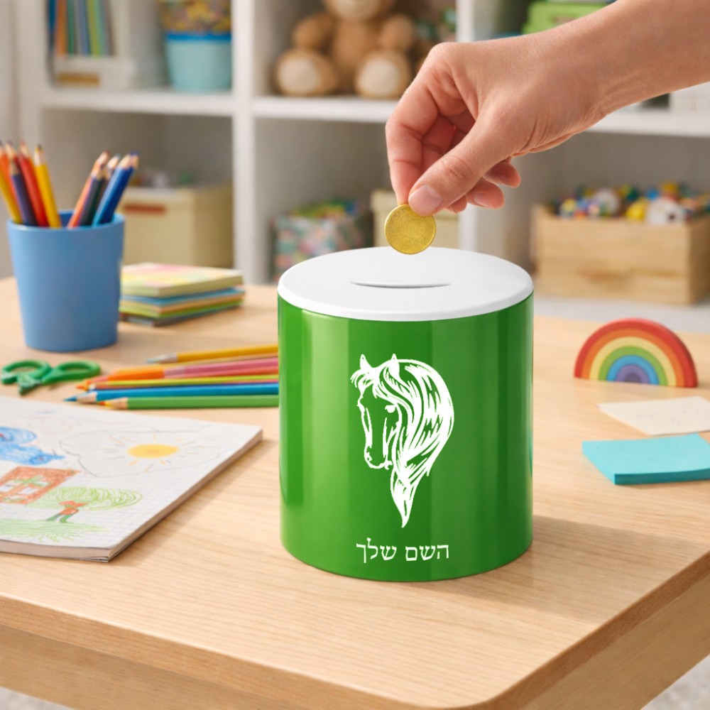 קופת צדקה \ חיסכון קרמית בעיצוב אישי עם השם שלך בעיצוב ראש סוס גודל הקופה 20 × 25 ס"מ