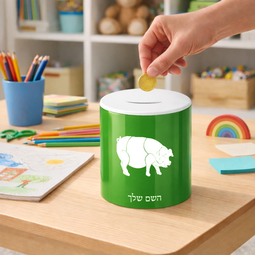 קופת צדקה \ חיסכון קרמית בעיצוב אישי עם השם שלך בעיצוב חזיר גודל הקופה 20 × 25 ס"מ