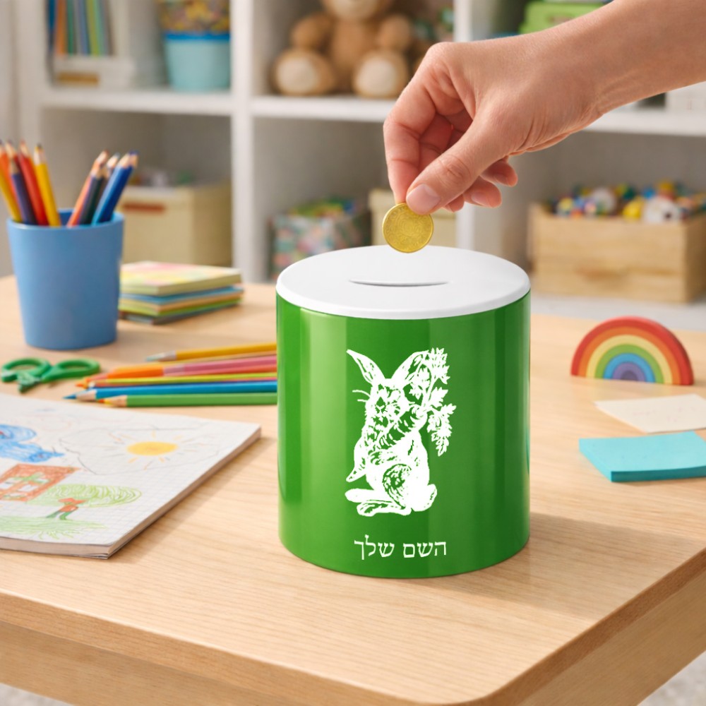 קופת צדקה \ חיסכון קרמית בעיצוב אישי עם השם שלך בעיצוב ארנב מחזיק גזר גודל הקופה 20 × 25 ס"מ
