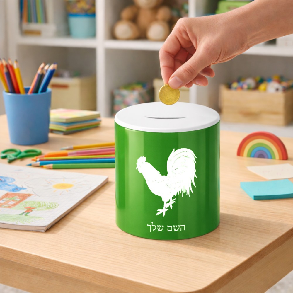 קופת צדקה \ חיסכון קרמית בעיצוב אישי עם השם שלך בעיצוב תרנגול גודל הקופה 20 × 25 ס"מ
