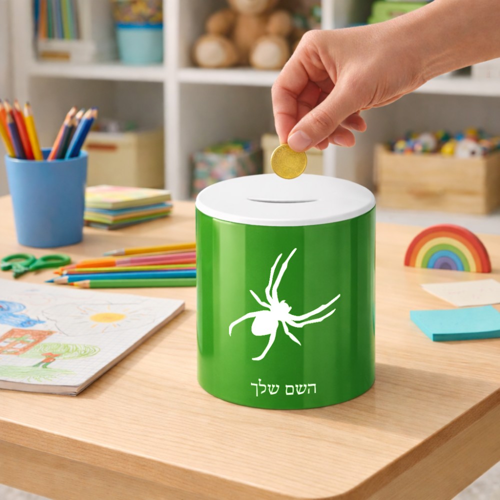 קופת צדקה \ חיסכון קרמית בעיצוב אישי עם השם שלך בעיצוב עכביש גודל הקופה 20 × 25 ס"מ