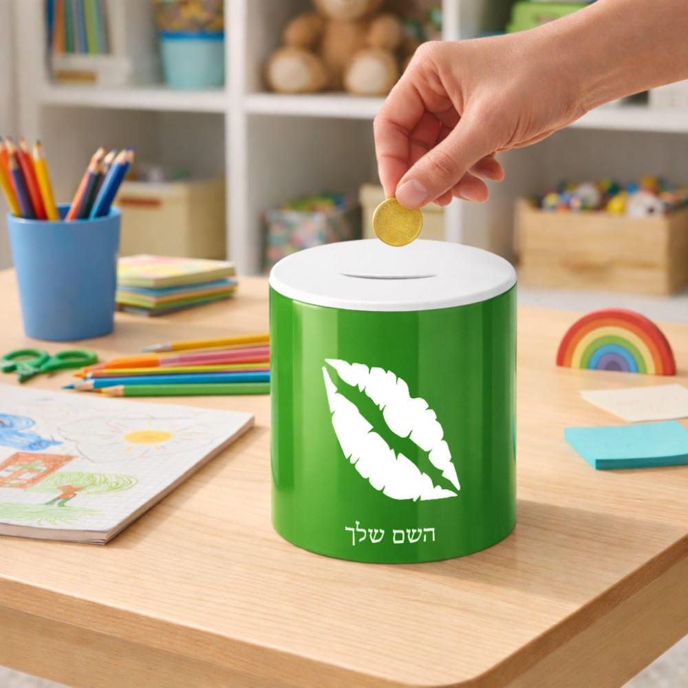 קופת צדקה \ חיסכון קרמית בעיצוב אישי עם השם שלך בעיצוב שפתיים - נשיקה גודל הקופה 20 × 25 ס"מ