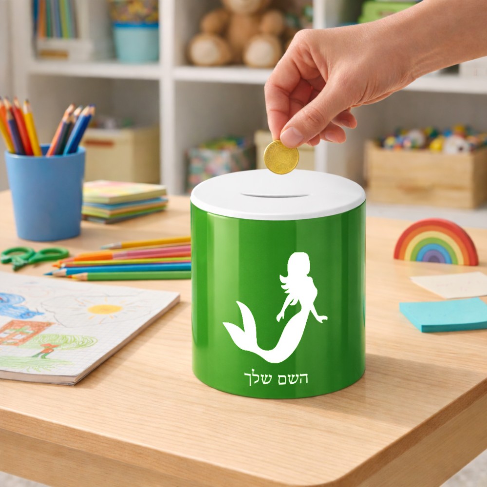 קופת צדקה \ חיסכון קרמית בעיצוב אישי עם השם שלך בעיצוב בתולת ים - אישה גודל הקופה 20 × 25 ס"מ