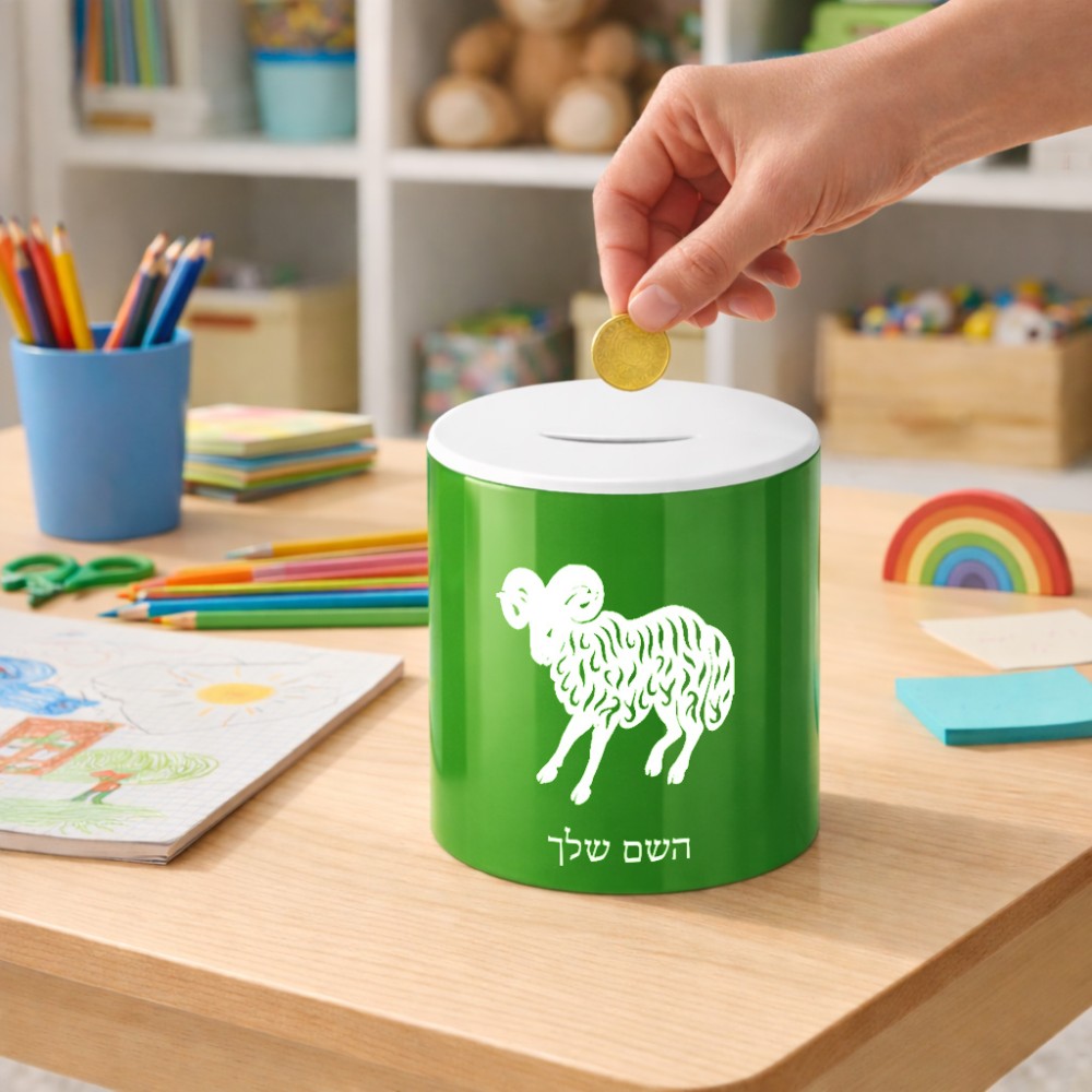 קופת צדקה \ חיסכון קרמית בעיצוב אישי עם השם שלך בעיצוב מזלות - טלה גודל הקופה 20 × 25 ס"מ