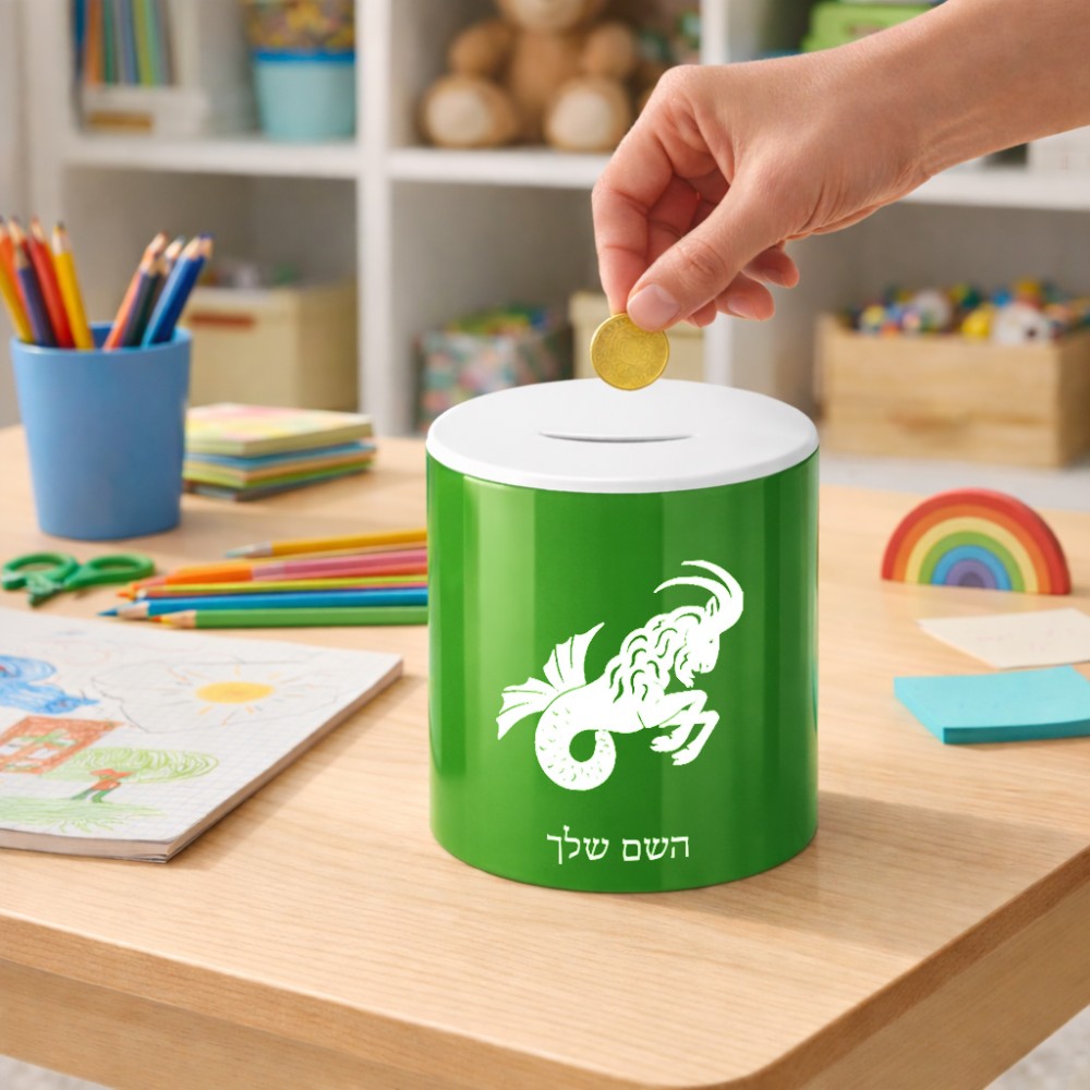 קופת צדקה \ חיסכון קרמית בעיצוב אישי עם השם שלך בעיצוב מזלות - גדי גודל הקופה 20 × 25 ס"מ
