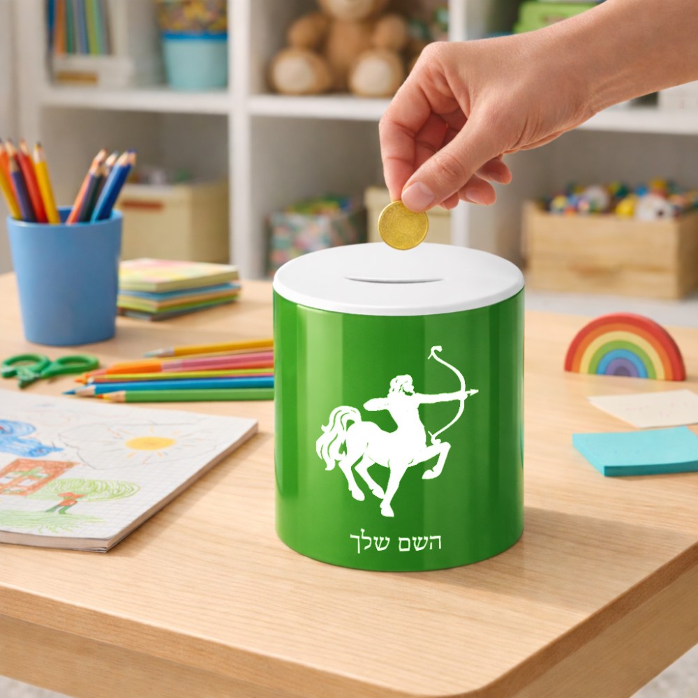 קופת צדקה \ חיסכון קרמית בעיצוב אישי עם השם שלך בעיצוב מזלות - קשת גודל הקופה 20 × 25 ס"מ