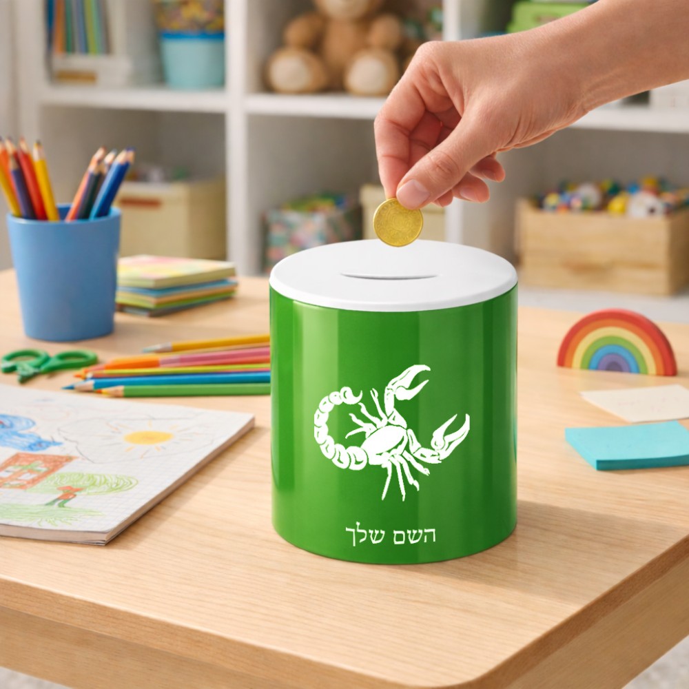 קופת צדקה \ חיסכון קרמית בעיצוב אישי עם השם שלך בעיצוב מזלות - עקרב גודל הקופה 20 × 25 ס"מ