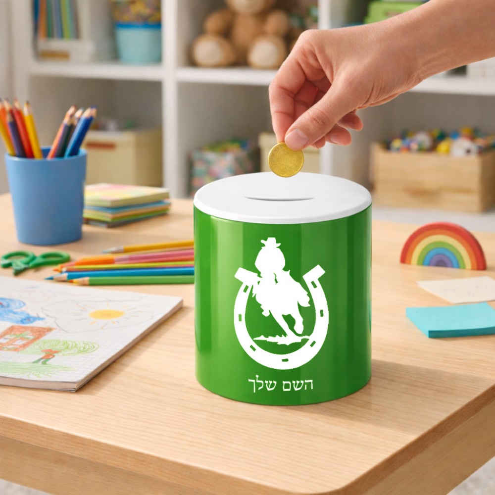 קופת צדקה \ חיסכון קרמית בעיצוב אישי עם השם שלך בעיצוב פרסה וסוס גודל הקופה 20 × 25 ס"מ