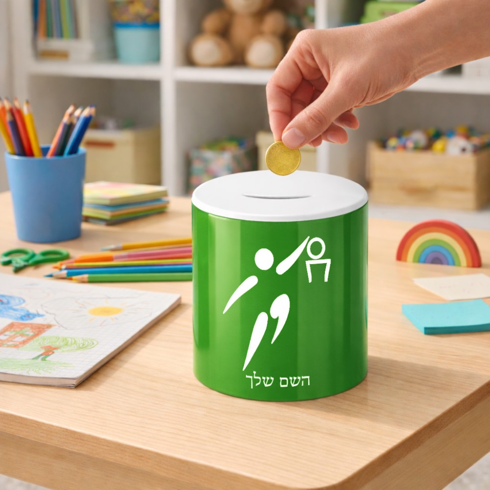 קופת צדקה \ חיסכון קרמית בעיצוב אישי עם השם שלך בעיצוב כדורסל אולימפי גודל הקופה 20 × 25 ס"מ