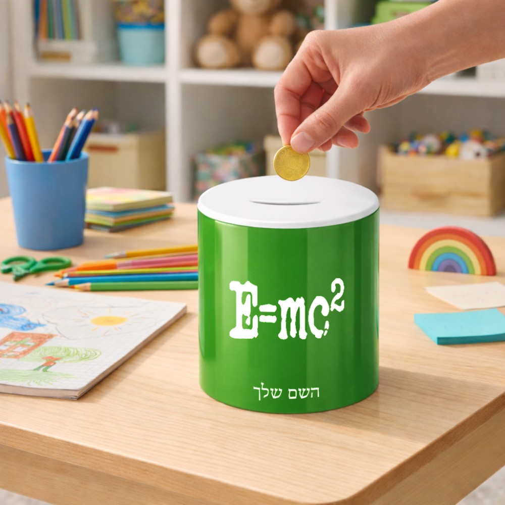 קופת צדקה \ חיסכון קרמית בעיצוב אישי עם השם שלך בעיצוב נוסחת אלברט איינשטיין גודל הקופה 20 × 25 ס"מ