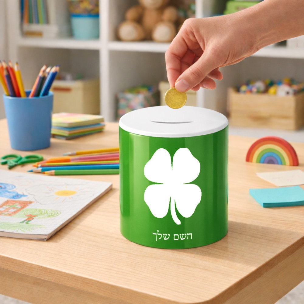 קופת צדקה \ חיסכון קרמית בעיצוב אישי עם השם שלך בעיצוב קלבר גודל הקופה 20 × 25 ס"מ