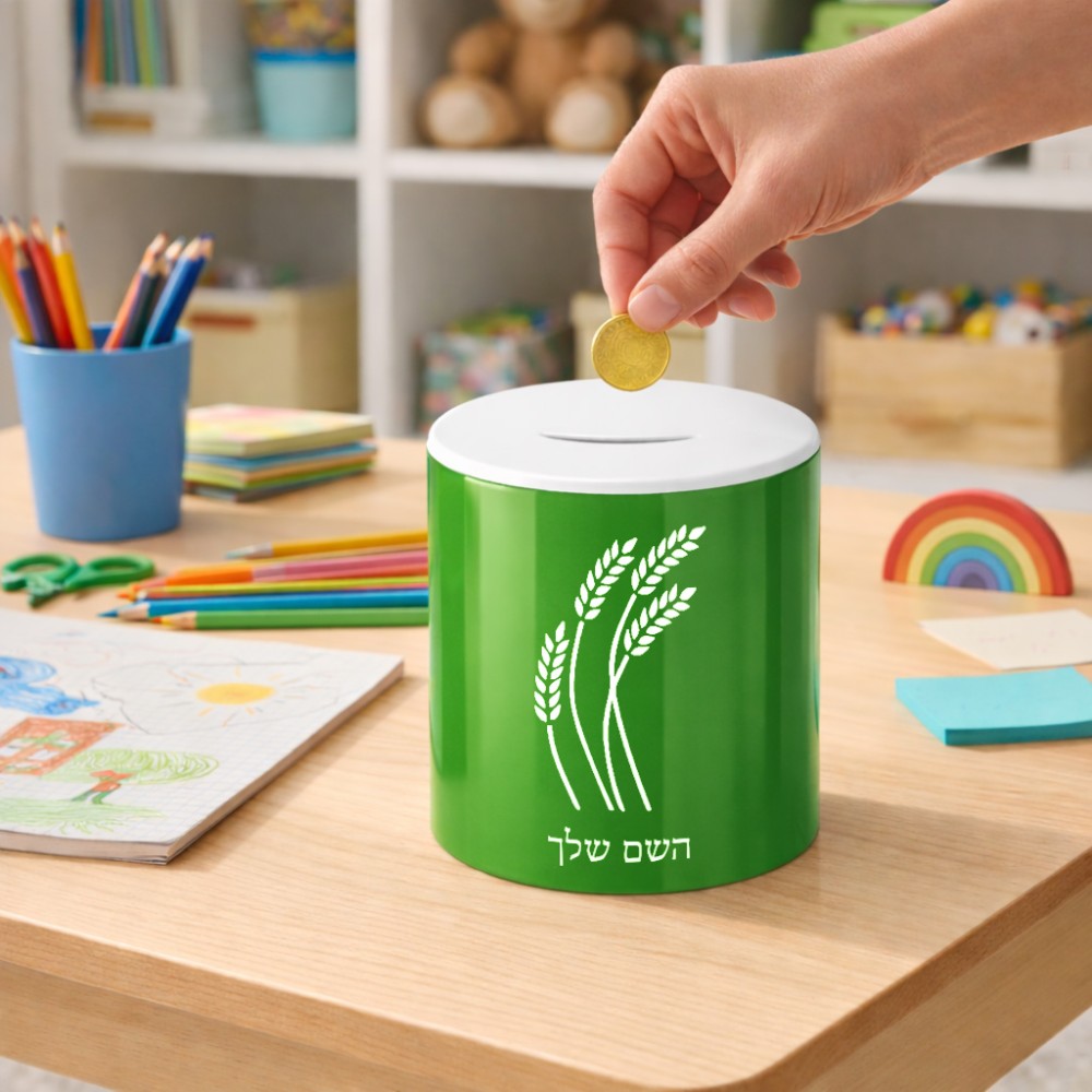קופת צדקה \ חיסכון קרמית בעיצוב אישי עם השם שלך בעיצוב חיטה גלית זהב גודל הקופה 20 × 25 ס"מ