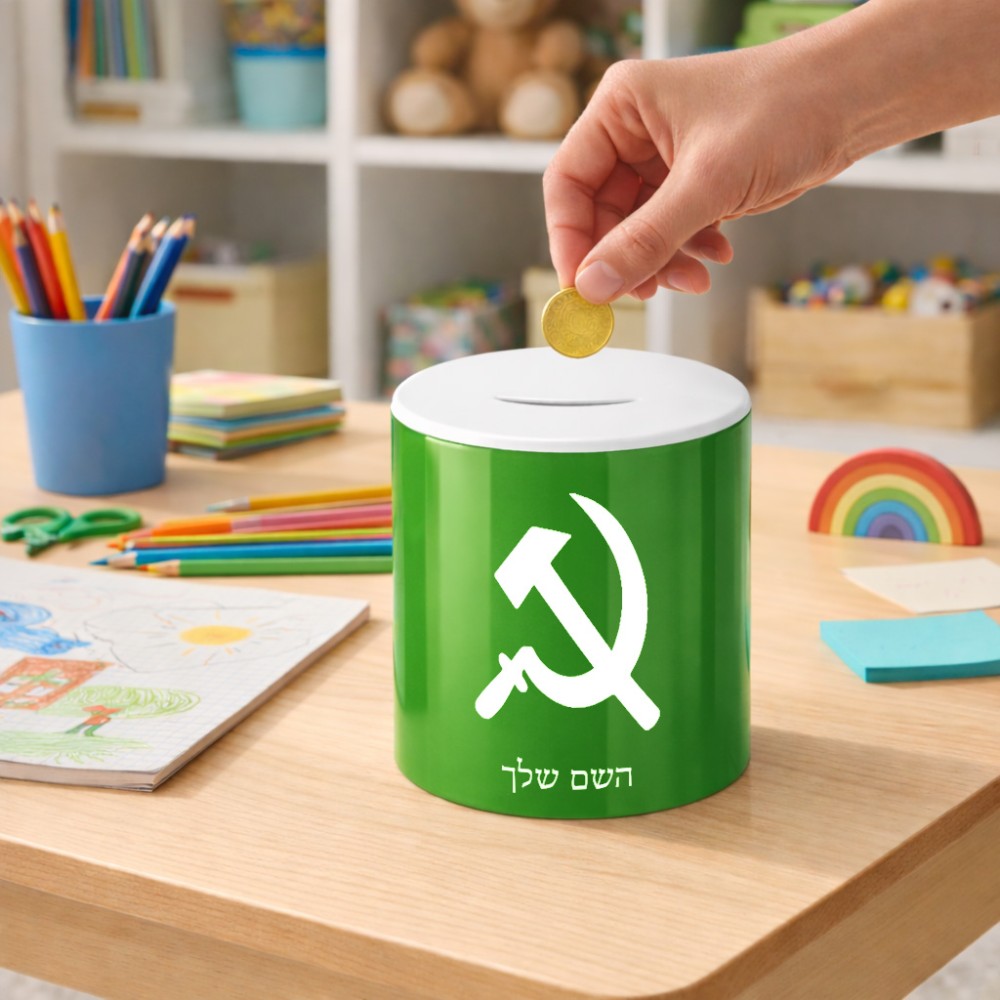 קופת צדקה \ חיסכון קרמית בעיצוב אישי עם השם שלך בעיצוב פטיש ומגל גודל הקופה 20 × 25 ס"מ