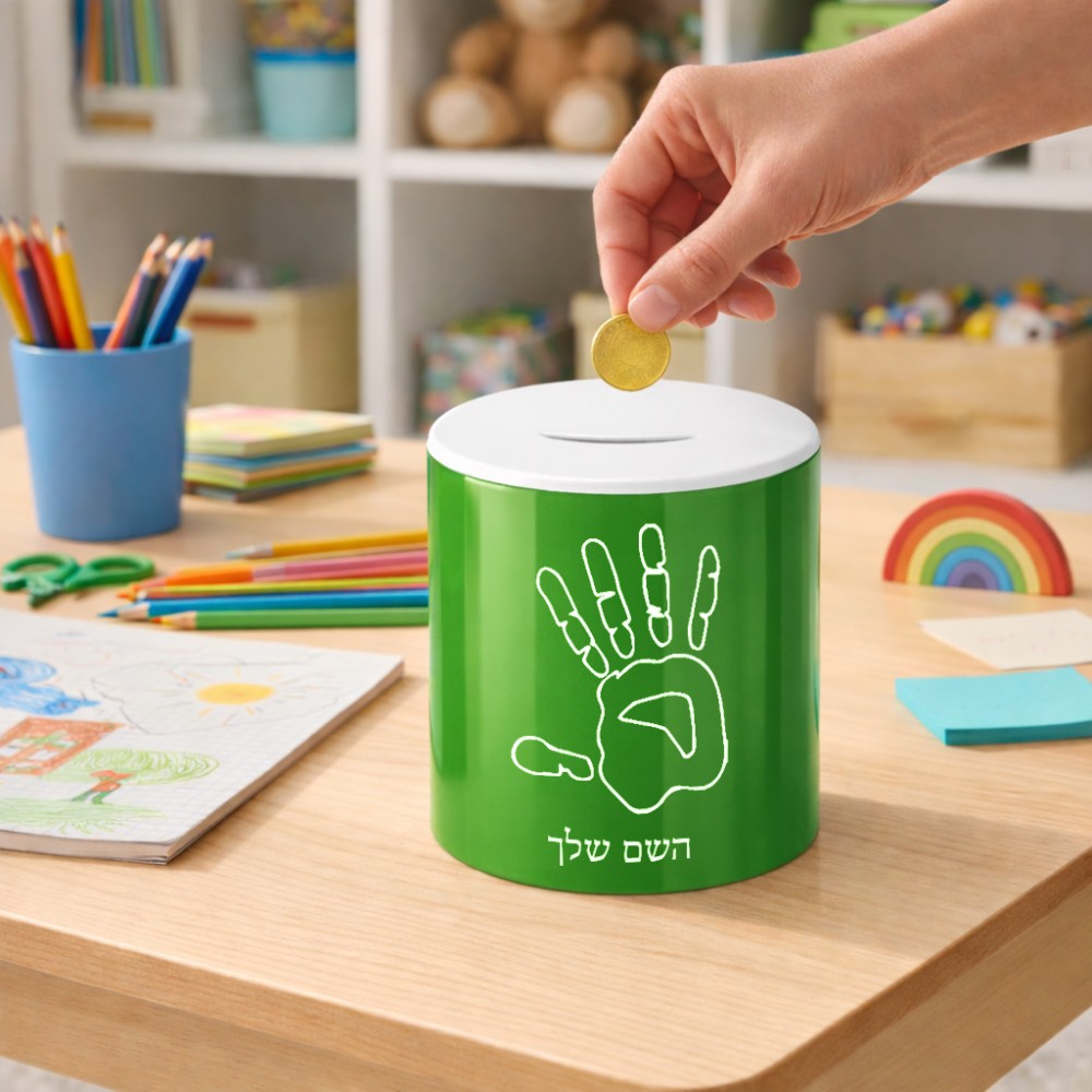 קופת צדקה \ חיסכון קרמית בעיצוב אישי עם השם שלך בעיצוב יד גודל הקופה 20 × 25 ס"מ