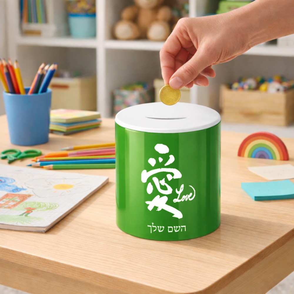 קופת צדקה \ חיסכון קרמית בעיצוב אישי עם השם שלך בעיצוב אהבה באותיות יפניות גודל הקופה 20 × 25 ס"מ