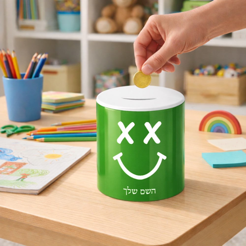 קופת צדקה \ חיסכון קרמית בעיצוב אישי עם השם שלך בעיצוב סמיילי גודל הקופה 20 × 25 ס"מ