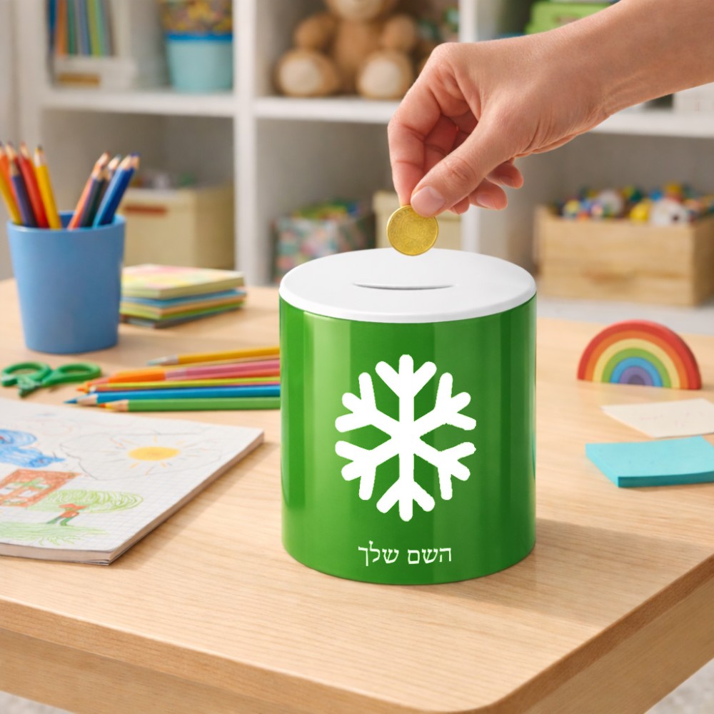 קופת צדקה \ חיסכון קרמית בעיצוב אישי עם השם שלך בעיצוב שלג גודל הקופה 20 × 25 ס"מ
