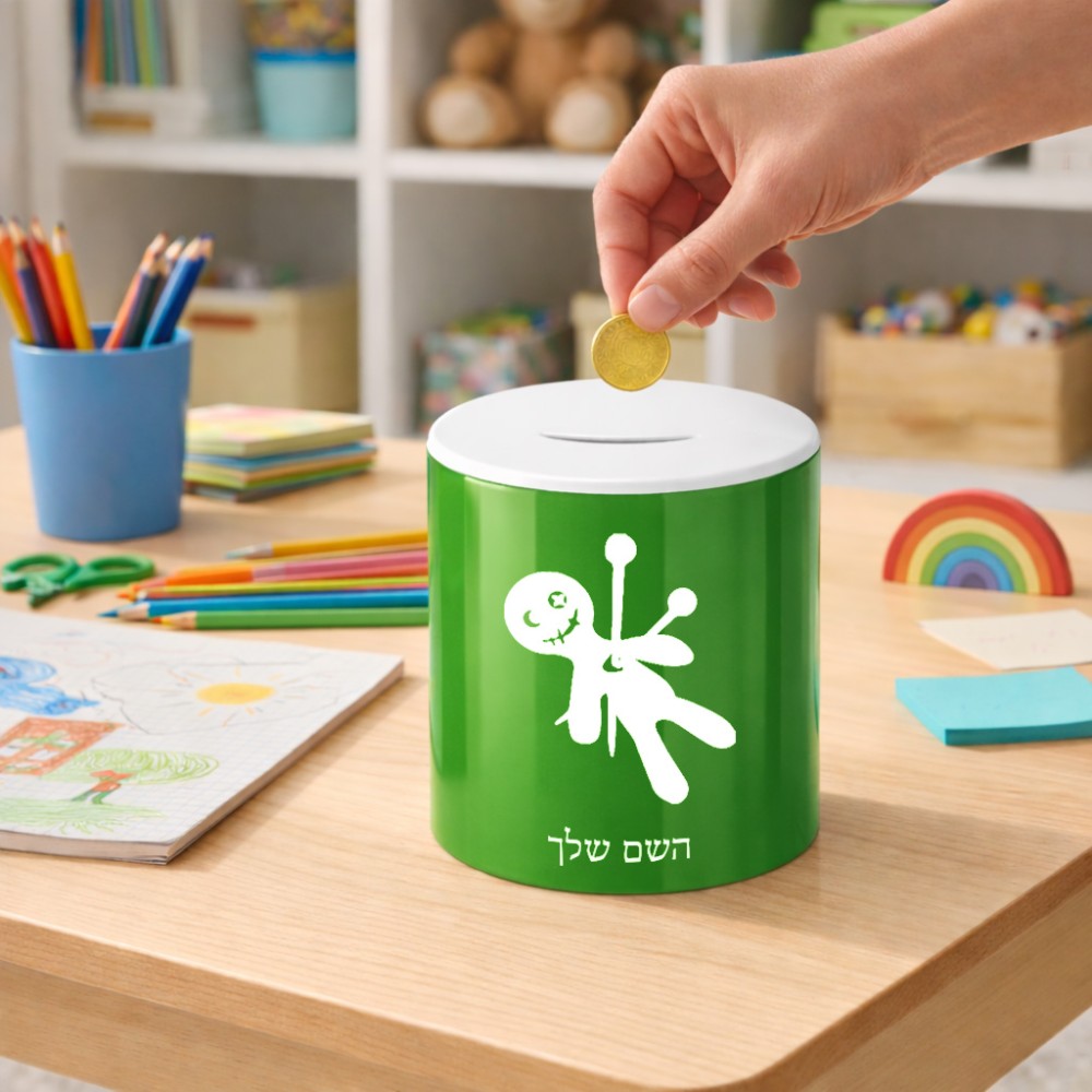 קופת צדקה \ חיסכון קרמית בעיצוב אישי עם השם שלך בעיצוב וודו גודל הקופה 20 × 25 ס"מ
