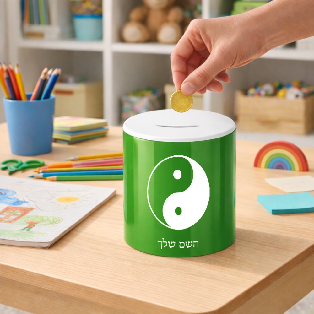 קופת צדקה \ חיסכון קרמית בעיצוב אישי עם השם שלך בעיצוב סמל יינג יאנג גודל הקופה 20 × 25 ס"מ
