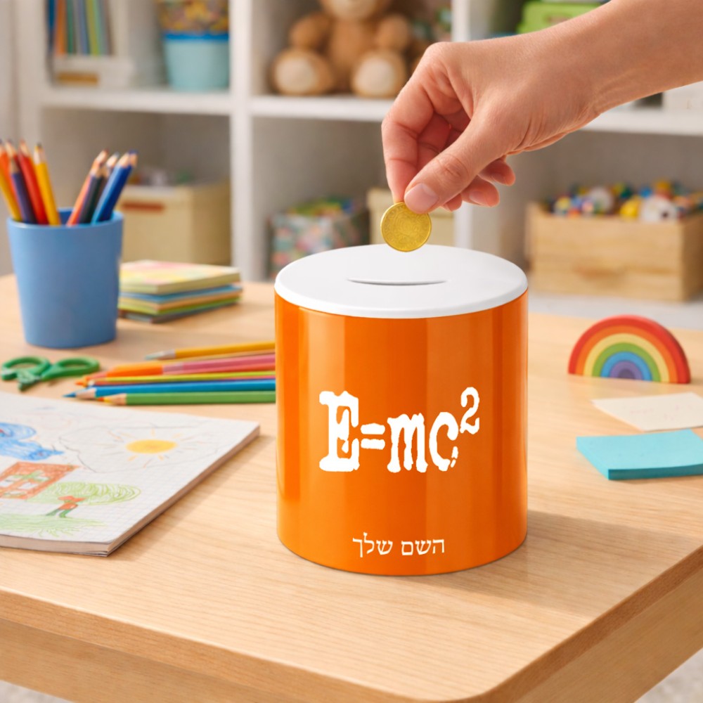 קופת צדקה \ חיסכון קרמית בעיצוב אישי עם השם שלך בעיצוב נוסחת אלברט איינשטיין גודל הקופה 20 × 25 ס"מ